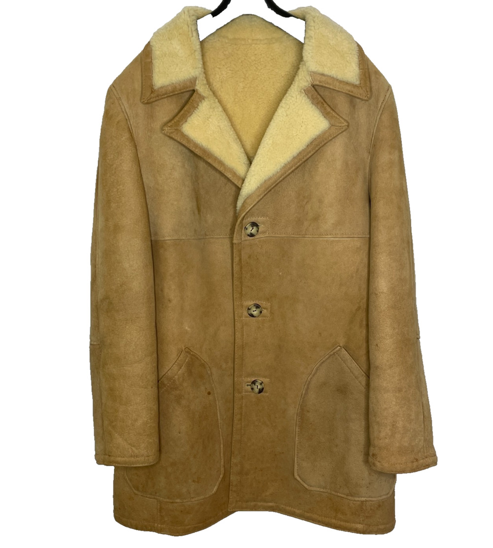 Men's 42 Vtg B. Altman Beige 100% Shearling Suede Leather Button Coat